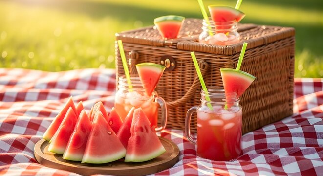 Piknik musim panas dengan potongan buah semangka dan minuman segar di atas selimut kotak-kotak merah