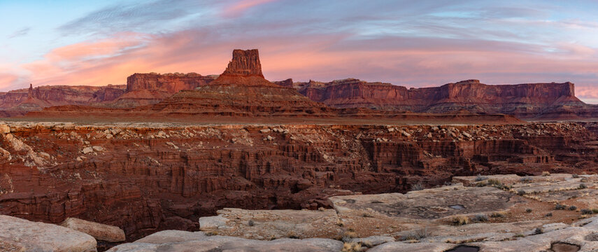 This colorful sunrise panorama of Canyonlands National Park was captured near the Airport Campsites off the White Rim Road and features Airport Tower and the Island in the Sky.