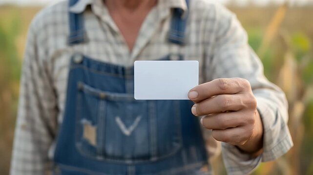 a farmer's hand prominently displaying a blank white plastic card, perfect for customizable identification, agricultural services, or illustrating rural financial transaction concepts effectively.