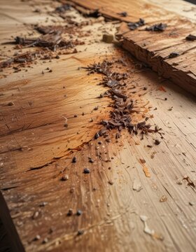 Wooden table with termite damage, splintered wood,  termite infestation,  rotting wood