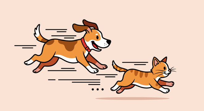 Dog and cat running together fast.