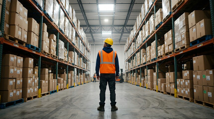 Fototapeta premium Warehouse interior with worker and storage boxes