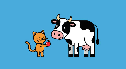 Fototapeta premium Cartoon cat and cow standing together.