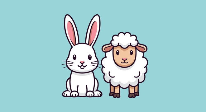 Cute cartoon rabbit and sheep friends.