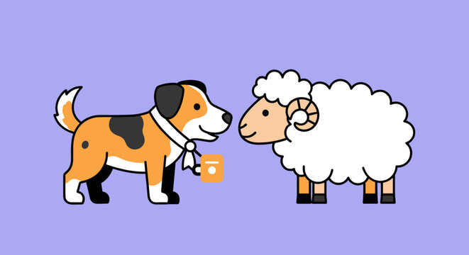 Dog and Sheep Cartoon Friends Together.