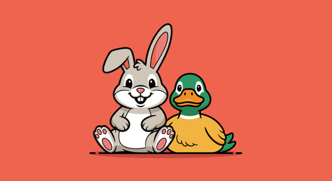 Cute cartoon rabbit and duck sitting.