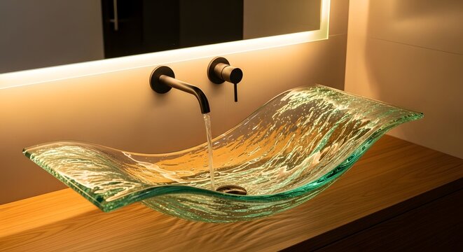 Image 1 (glass sink with wall faucet)
Optimized title:
"Modern Curved Glass Vessel Sink with Brushed Wall-Mounted Faucet &mdash; Luxury Bathroom Vanity, Tempered Green Glass Basin on Wood Countertop, Ambien