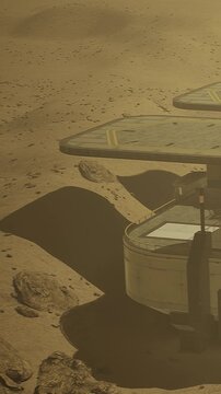 Three landing pads are set on a dusty, sandy terrain. The ground is dry and barren with sparse rocks scattered around. A dust storm moves through, causing low visibility.