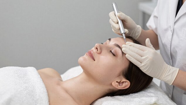 Woman receiving facial treatment with microcurrent device at spa salon