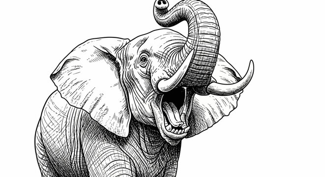 Detailed black and white elephant illustration with a raised trunk and impressive tusks, hand-drawn wildlife art