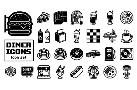 Retro Diner Americana Food Icon Set Neon Burger Cherry Pie Vinyl Booth Jukebox Root Beer Float Blue Plate Special Milkshake Cloche Car Hop Tray Coffee Cup Vector