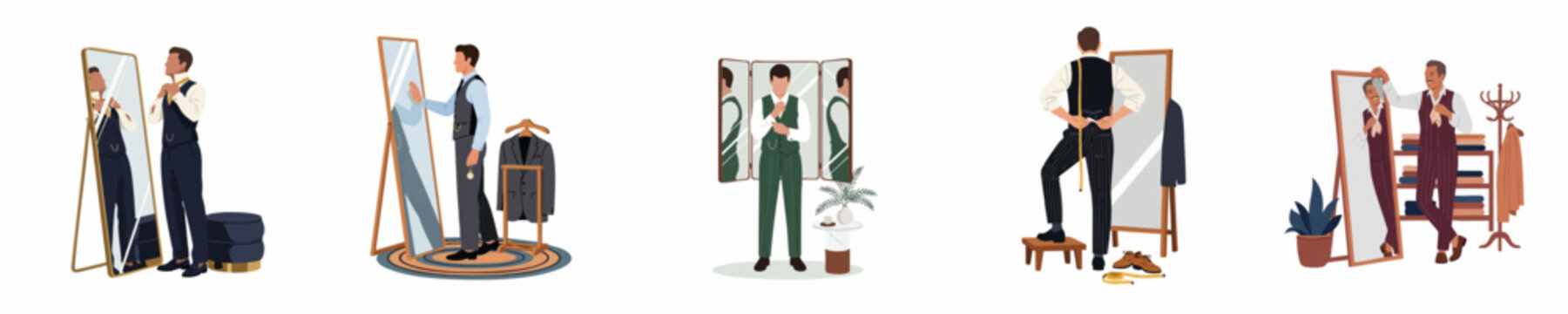 Set of flat illustrations showing elegant men in formal suits looking at themselves in mirrors at a tailor shop or dressing room.