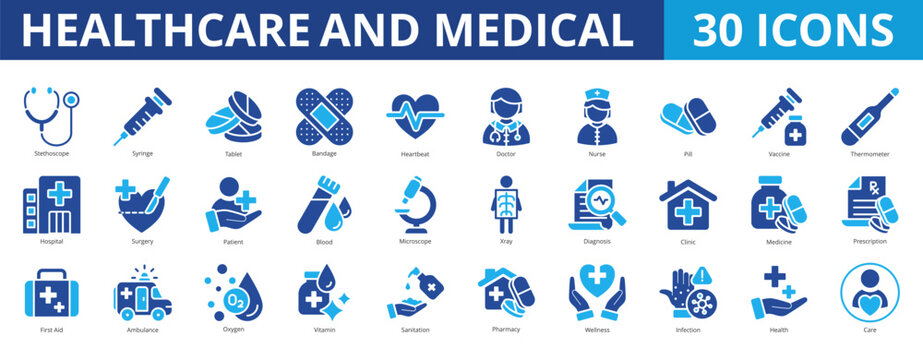 Healthcare and medical icon pack collection set with stethoscope, medicine, treatment, bandage, heartbeat, doctor, nurse, vaccine, hospital, surgery, diagnosis, clinic, prescription, wellness