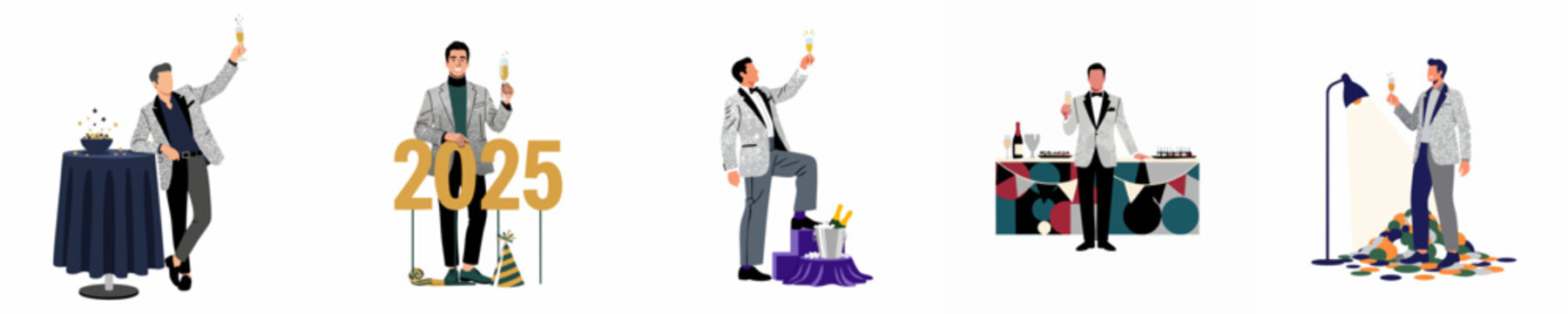 Set of stylish male characters in formal wear celebrating New Year 2025 with champagne, party decorations, and festive atmosphere.