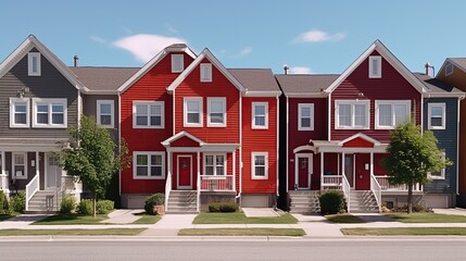 Obraz premium Colorful row houses with red central facade flanked by gray and brown homes along a sunny suburban street