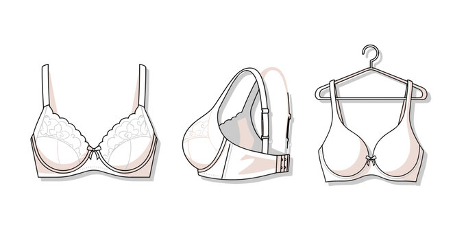 Three views of a white lace underwire bra, including a front view, side view, and a view on a hanger