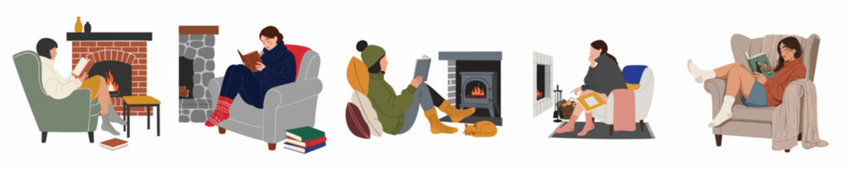 Collection of women relaxing and reading books in cozy living rooms by a warm fireplace during winter, flat vector illustration.