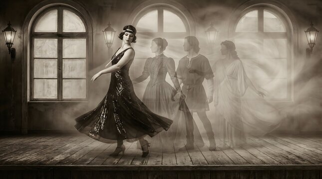 Artistic vision of a temporal echo where a single elegant dancer embodies eras on a vintage stage.