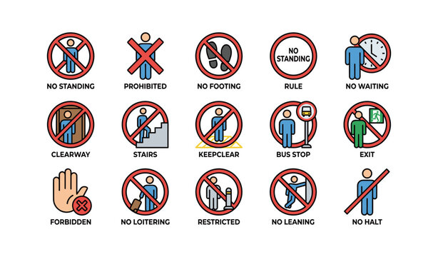Various prohibition signs indicating no standing, no loitering, and more