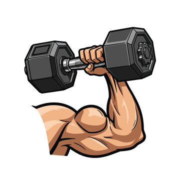 Muscular arm lifting heavy dumbbell weight.