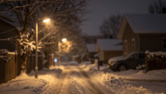 Soft street lights glow on a snowy evening in a quiet residential neighborhood