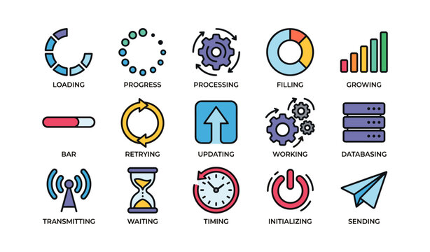 Colorful tech icons: loading, processing, updating, transmitting, sending, database, timing