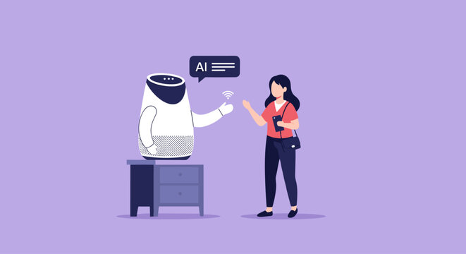 Woman Interacting With Robot AI Assistant.