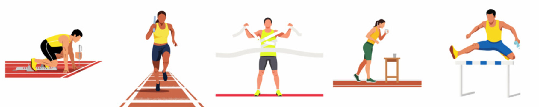 Set of track and field athletes in action, including starting blocks, relay running, crossing the finish line, hydrating, and hurdle jumping illustrations.