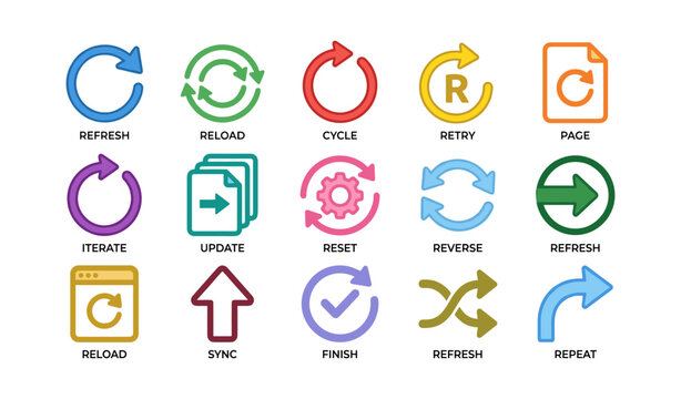 Colorful refresh and reload icons for website and app design featuring reset and sync symbols