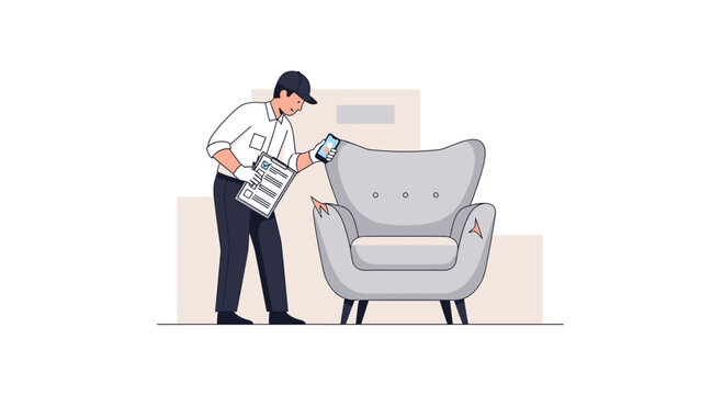 Delivery man inspecting damaged armchair with checklist, furniture repair concept