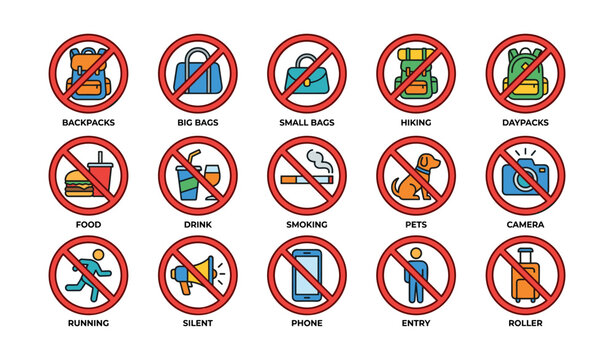 Prohibited items icons: backpacks, bags, smoking, pets, camera, phone, entry restrictions