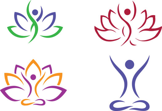 A modern collection of yoga and meditation logos featuring abstract human figures combined with lotus flower elements. Ideal for wellness brands, yoga studios, fitness centers, spa, mindfulness, and h
