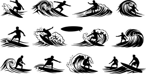 Obraz premium Surfing Silhouette, vector set of surfer silhouette, surf vector pack, water sports surfer, surfing board