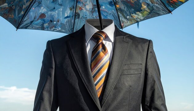 A suit with a patterned umbrella head stands against a blue sky, concept of identity