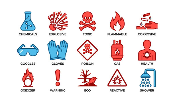 Safety symbols for chemical hazards and protective gear