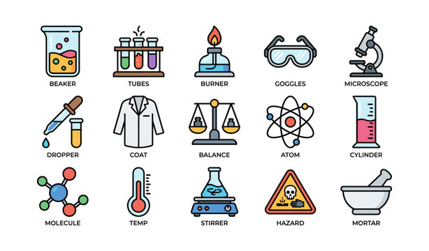 Colorful laboratory equipment icons - science tools and chemistry symbols