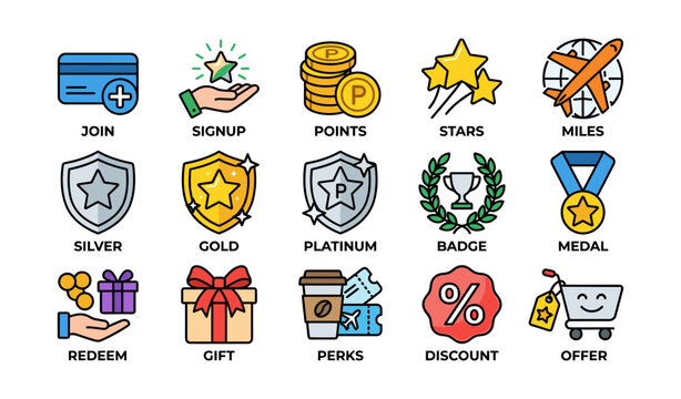 Rewards program icons: join, signup, points, stars, miles, silver, gold, platinum, badge, medal