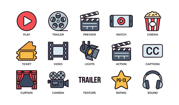Movie icons collection featuring film, trailer, and camera elements