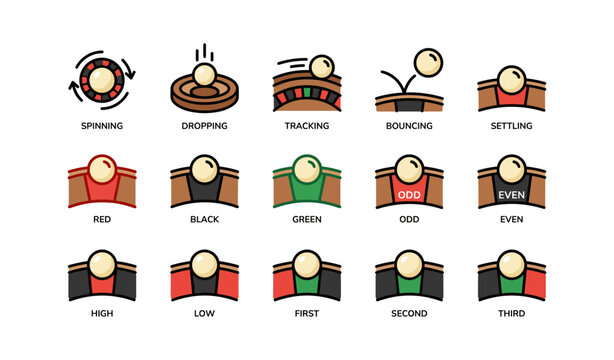Casino roulette icons set featuring spinning, dropping, and tracking balls