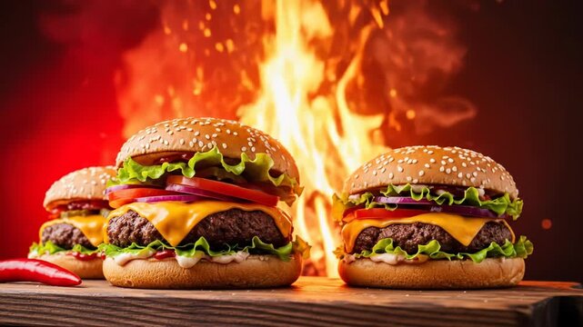Three delicious cheeseburgers with fresh vegetables and spicy chili peppers in front of a blazing fire background