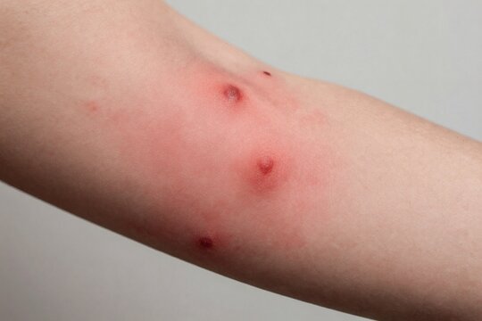 Close up view of a person's arm with insect bites or skin rash on the arm