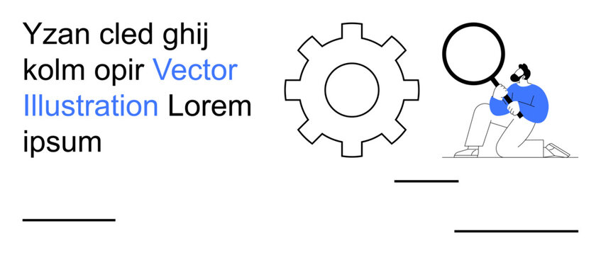 Technology, data analysis, process optimization, workflow, innovation, business concepts. Drawing of a gear and person with magnifying glass, with lorem ipsum text. Technology and data analysis