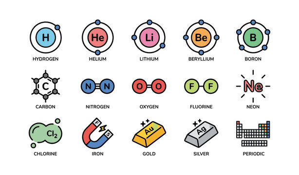 Illustrated periodic table elements with atomic structure and symbols
