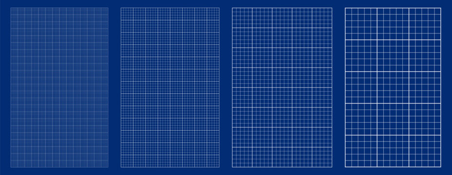 Blueprint grid set millimeter dot cell geometry, four scale variations. Wide medium dense micro spacing comparison, engineering layouts dashboards notebook pages interface planning systems graphics.