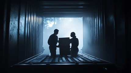 Fototapeta premium Silhouettes of Two Workers Unloading a Box Inside a Container in a Dimly Lit Warehouse Environment