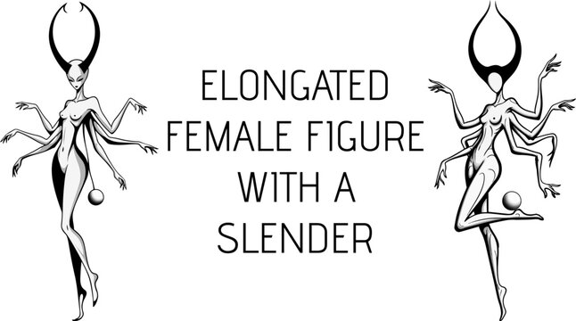 Surreal elongated female figure with a slender body, mystical multi-armed goddess silhouette, dark fantasy character design vector illustration
