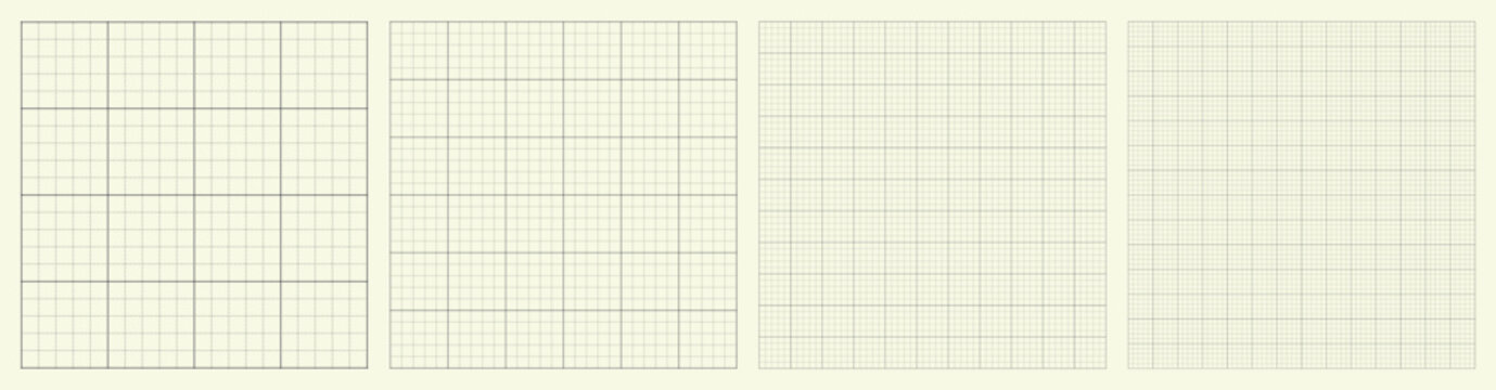 Square grid collection millimeter dot guide geometry, four samples blueprint style. Fine point lattice structure, interface layouts editorial compositions planning sheets digital technology graphics.