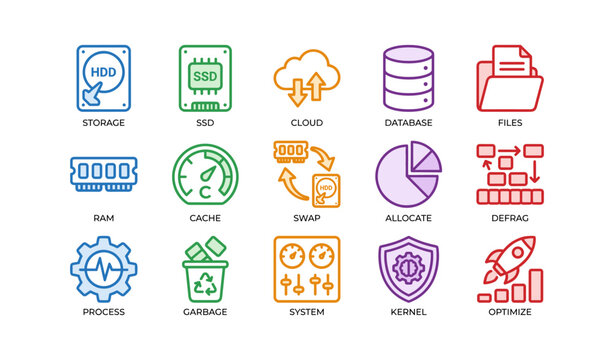 Colorful icons of computer storage and optimization components