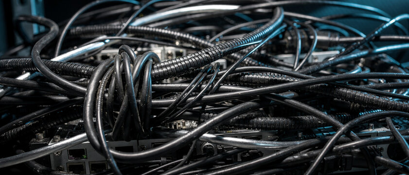 A collection of tangled cables and wires