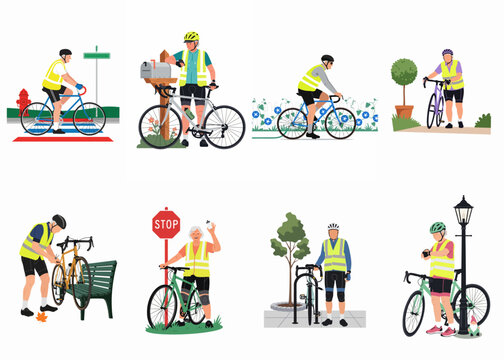 Flat vector illustration set of active seniors cycling in various outdoor settings, wearing safety helmets and high-visibility vests for a healthy lifestyle.